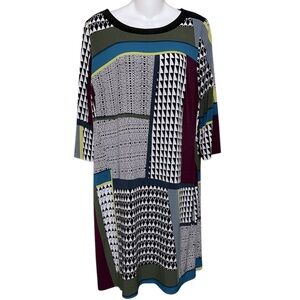 J Taylor Women’s Sz 14 Geometrical Multicolor Mixed Print Dress Zip Back Stretch